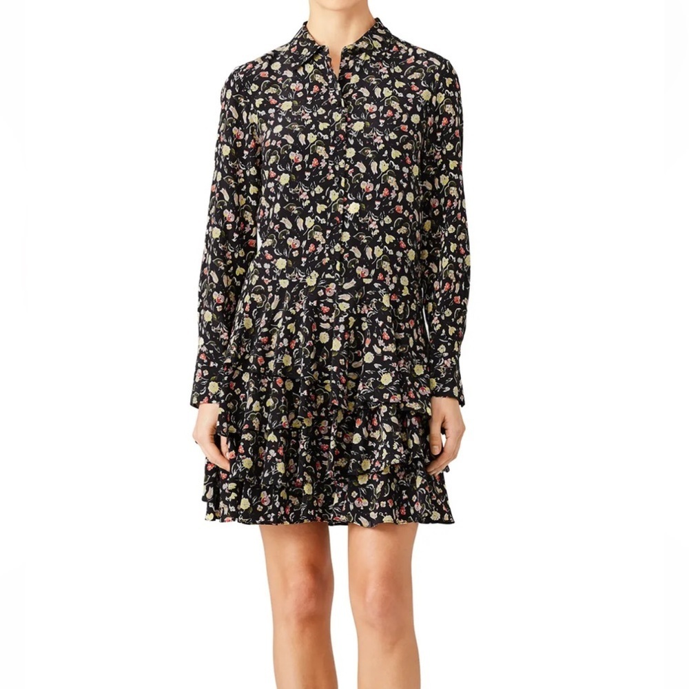 Jason Wu Grey 100% silk Black Painterly Floral Shirtdress sz 10